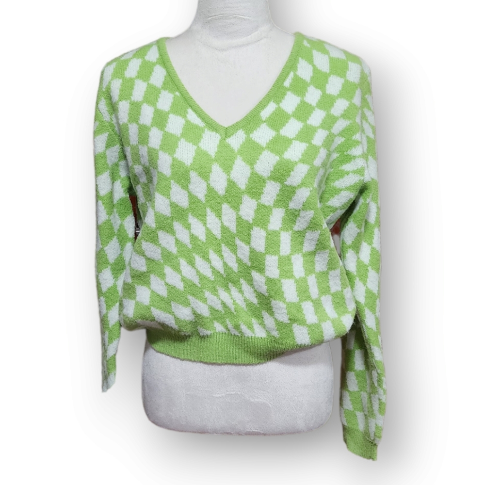 Witty Fox Checkered Lime Green Fuzzy Sweater